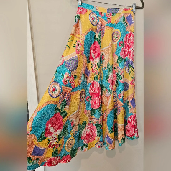 Vintage 100% Silk Made In Korea Floral Clock Print Asian Inspire Skirt Midi Maxi - Picture 2 of 11